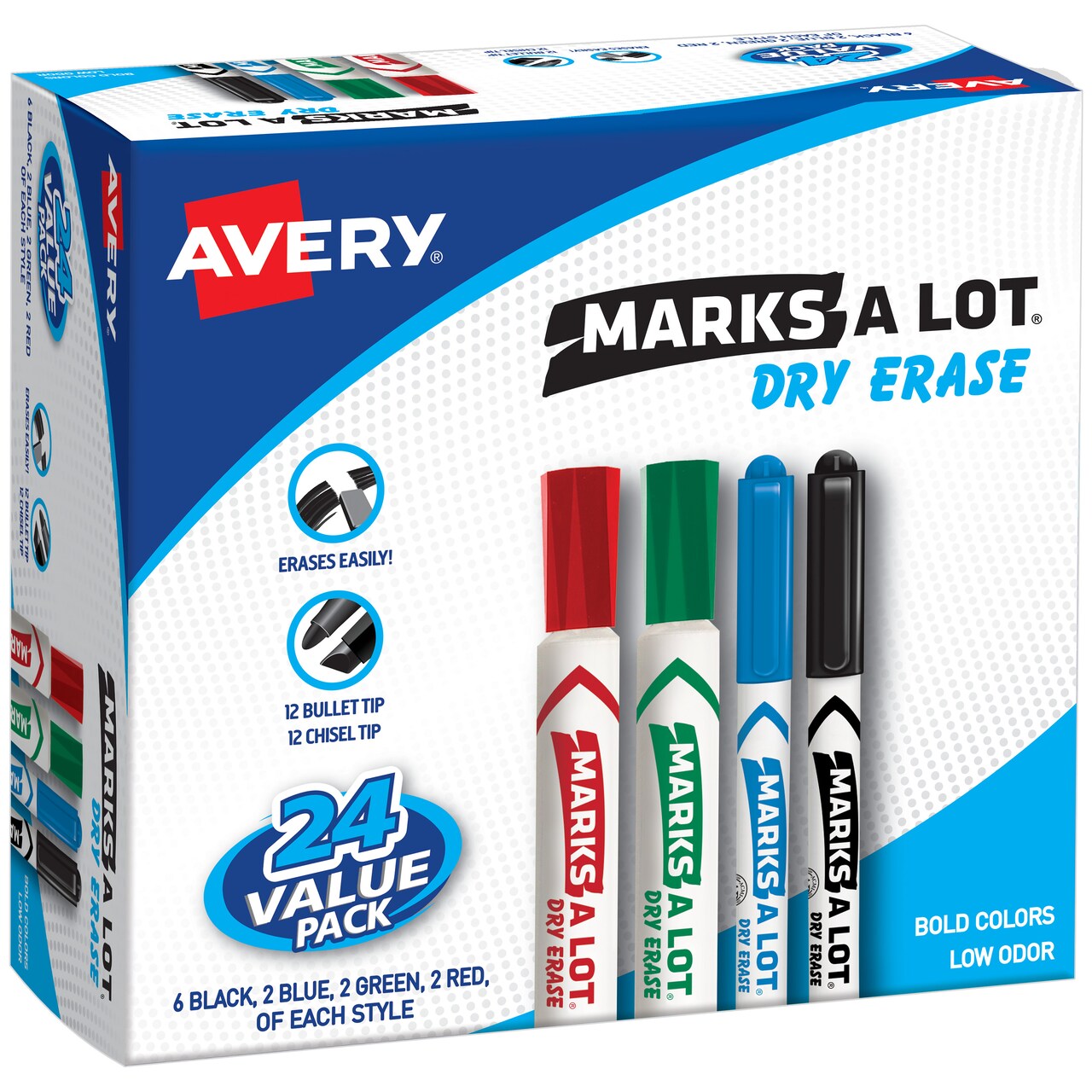 Avery Marks A Lot Value Pack Dry Erase Markers, White Board Markers, Chisel/Bullet, 24 Assorted Colors (29870)
